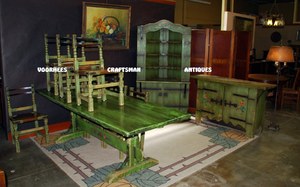 Rare Monterey Dining Set Including Corner Cupboard in Classic Green color & flowers